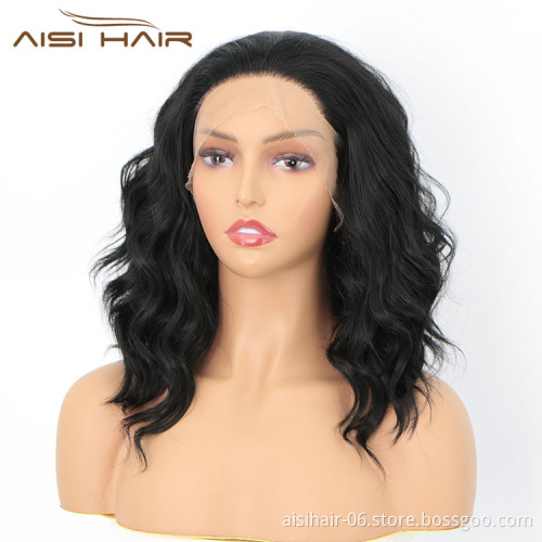 Aisi Hair New Design 16 Inch Body Wavy Natural Black Wig Long Wavy Swiss Lace Wig Synthetic Lace Front Hair Wigs For Black Women